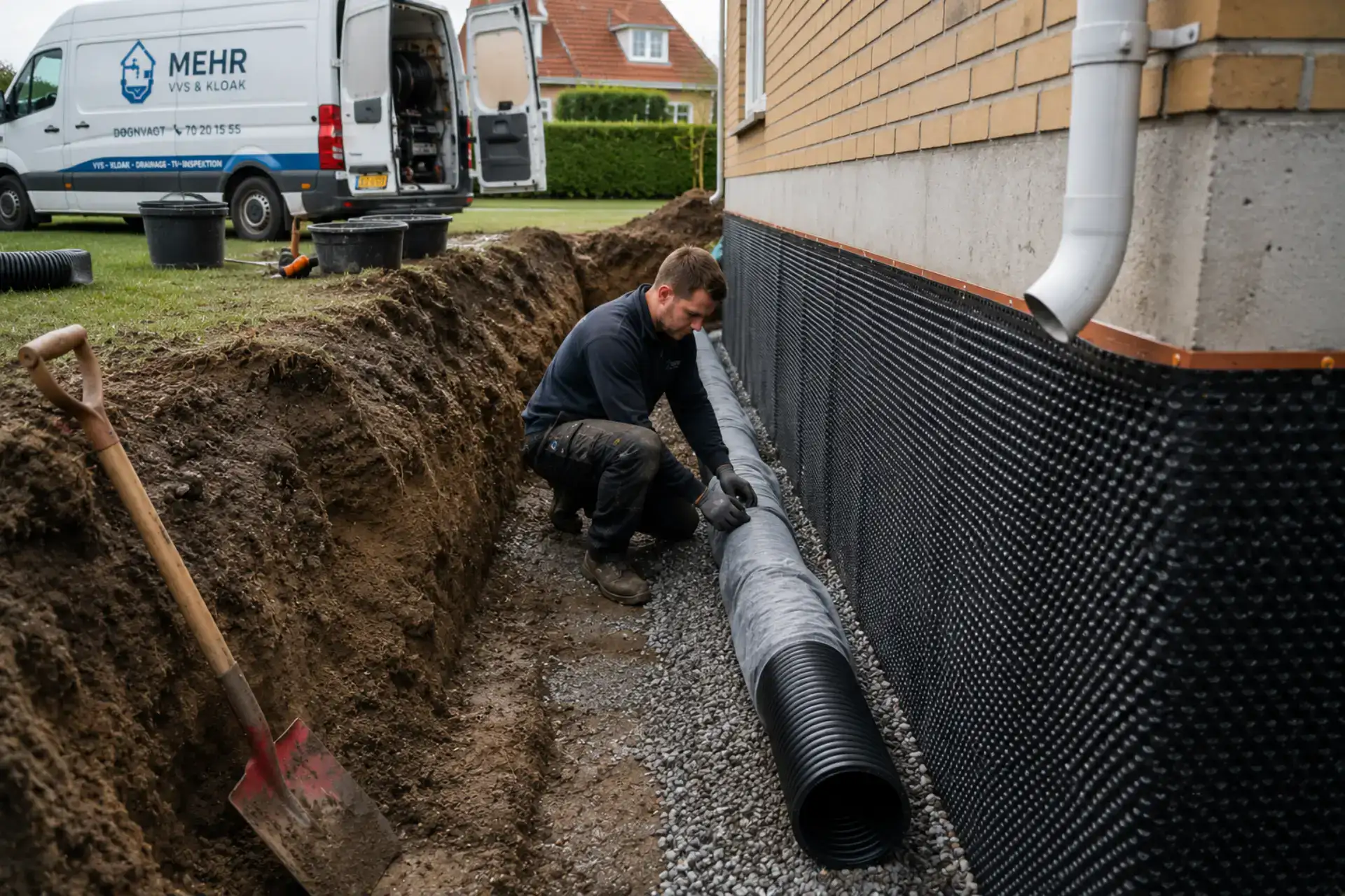 Professionel kloak- og VVS-arbejde ved husfundament i Danmark.