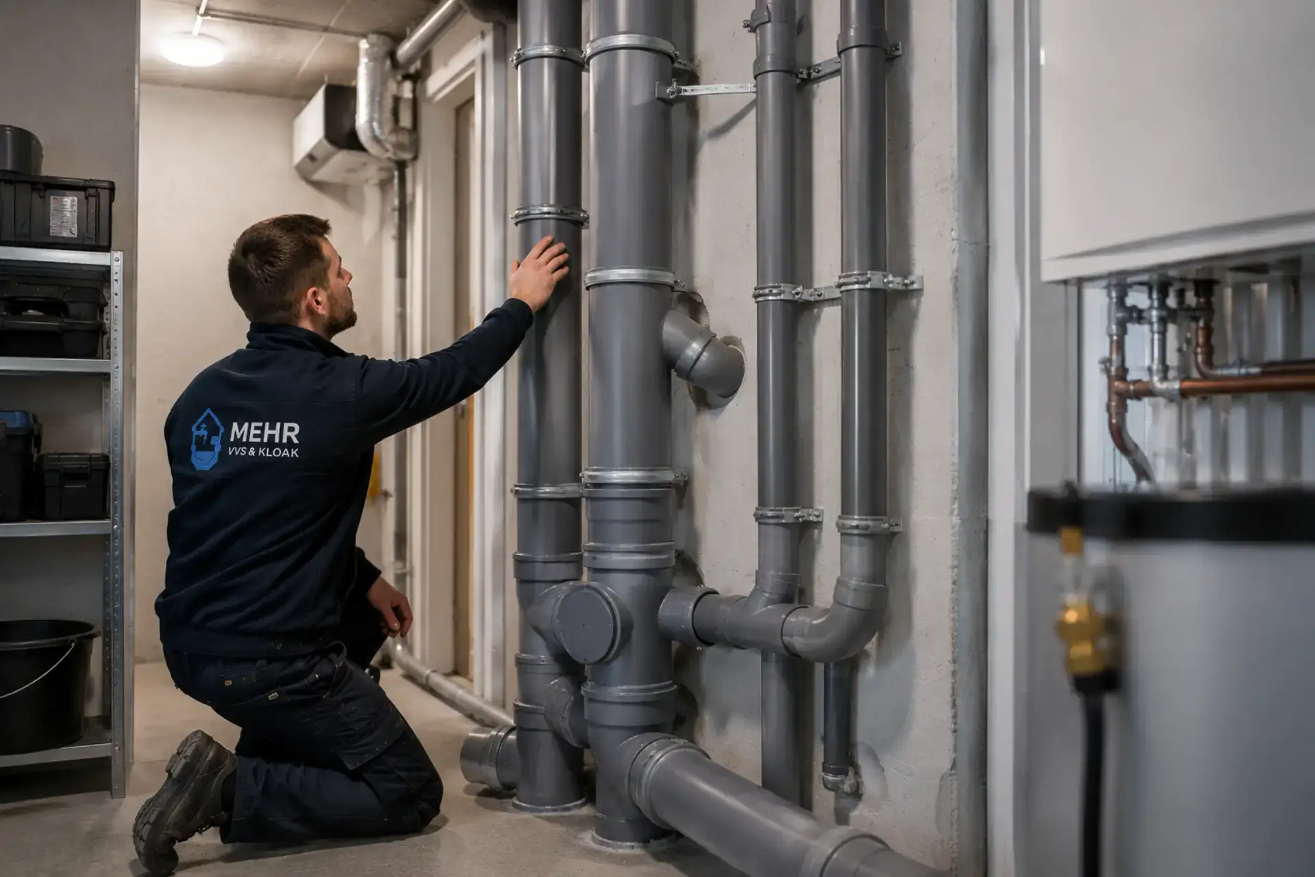 VVS- og kloakinstallatør arbejder med rørinstallation i professionelt setup.