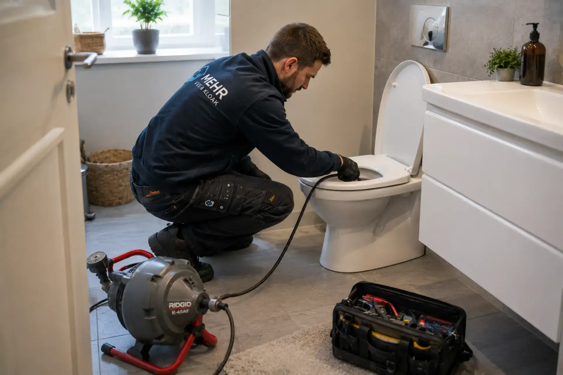 VVS-tekniker arbejder på toilet for at løse kloak- eller VVS-problem.