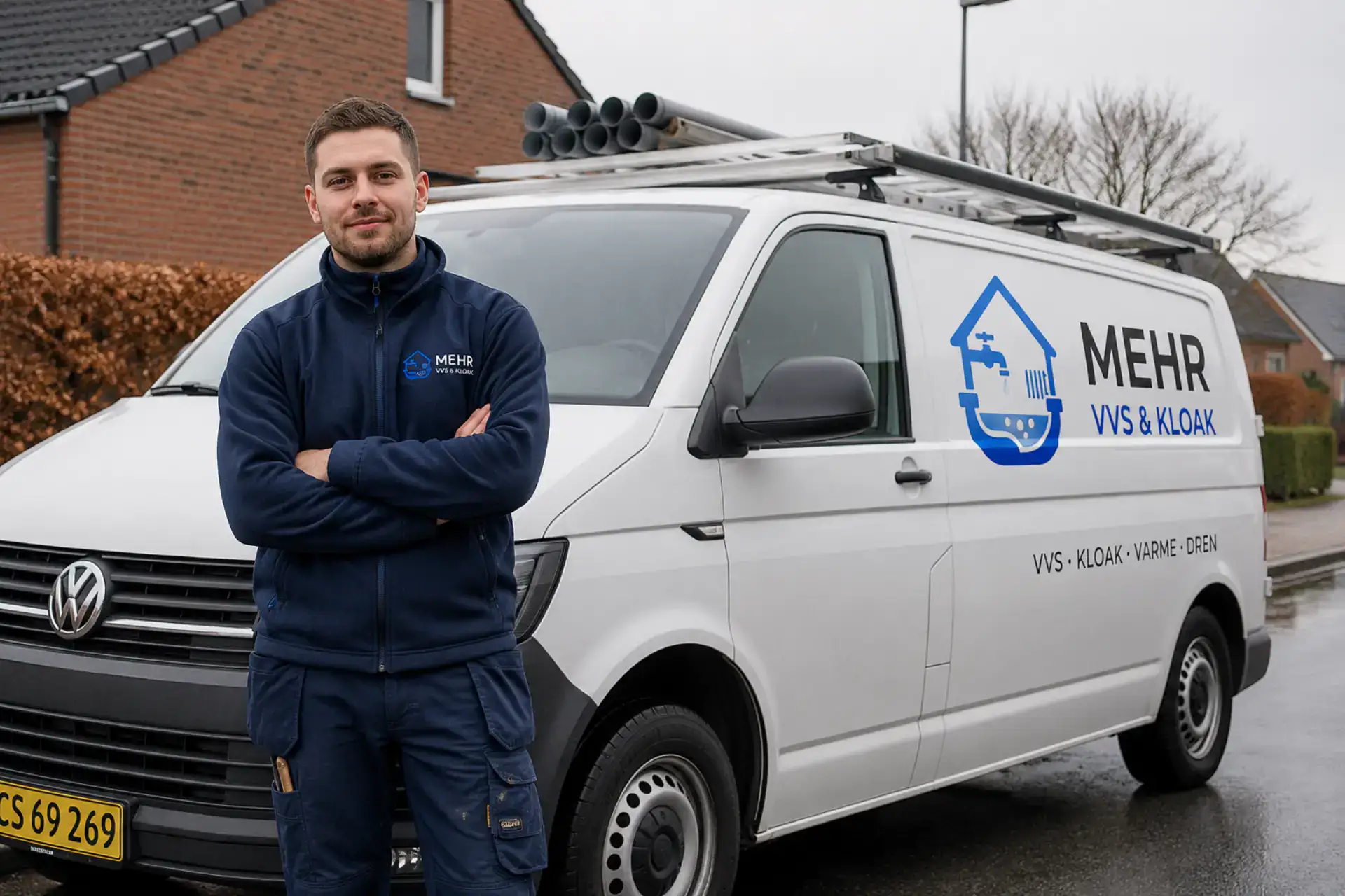 VVS- og kloakservice med professionel tekniker foran servicebil.