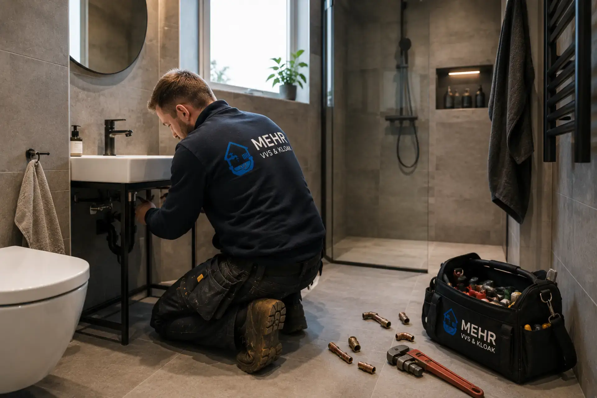Håndværker installerer VVS i moderne badeværelse med bruser og vask.