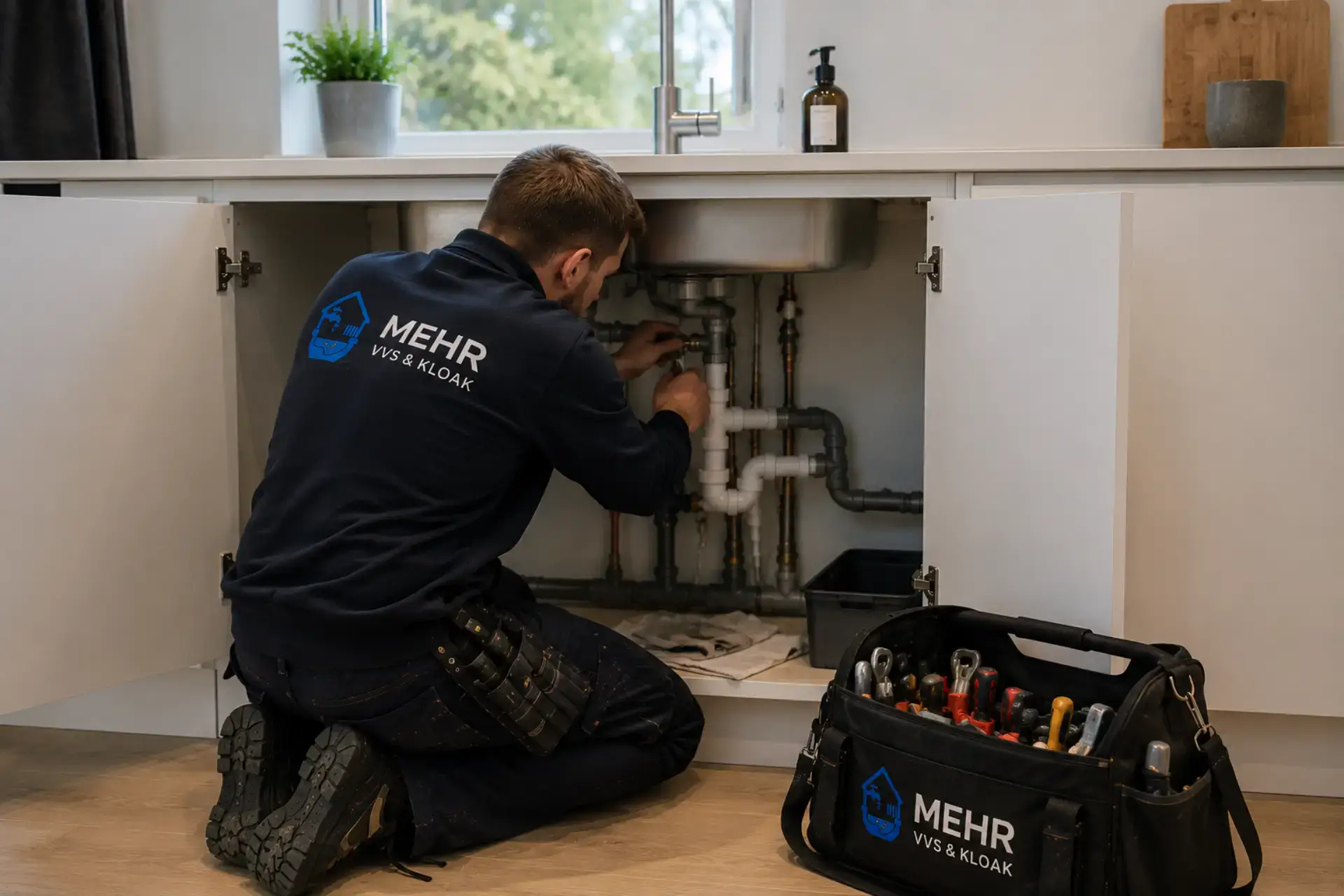 Professionel VVS-arbejde under køkkenvask med værktøj og rørinstallation.