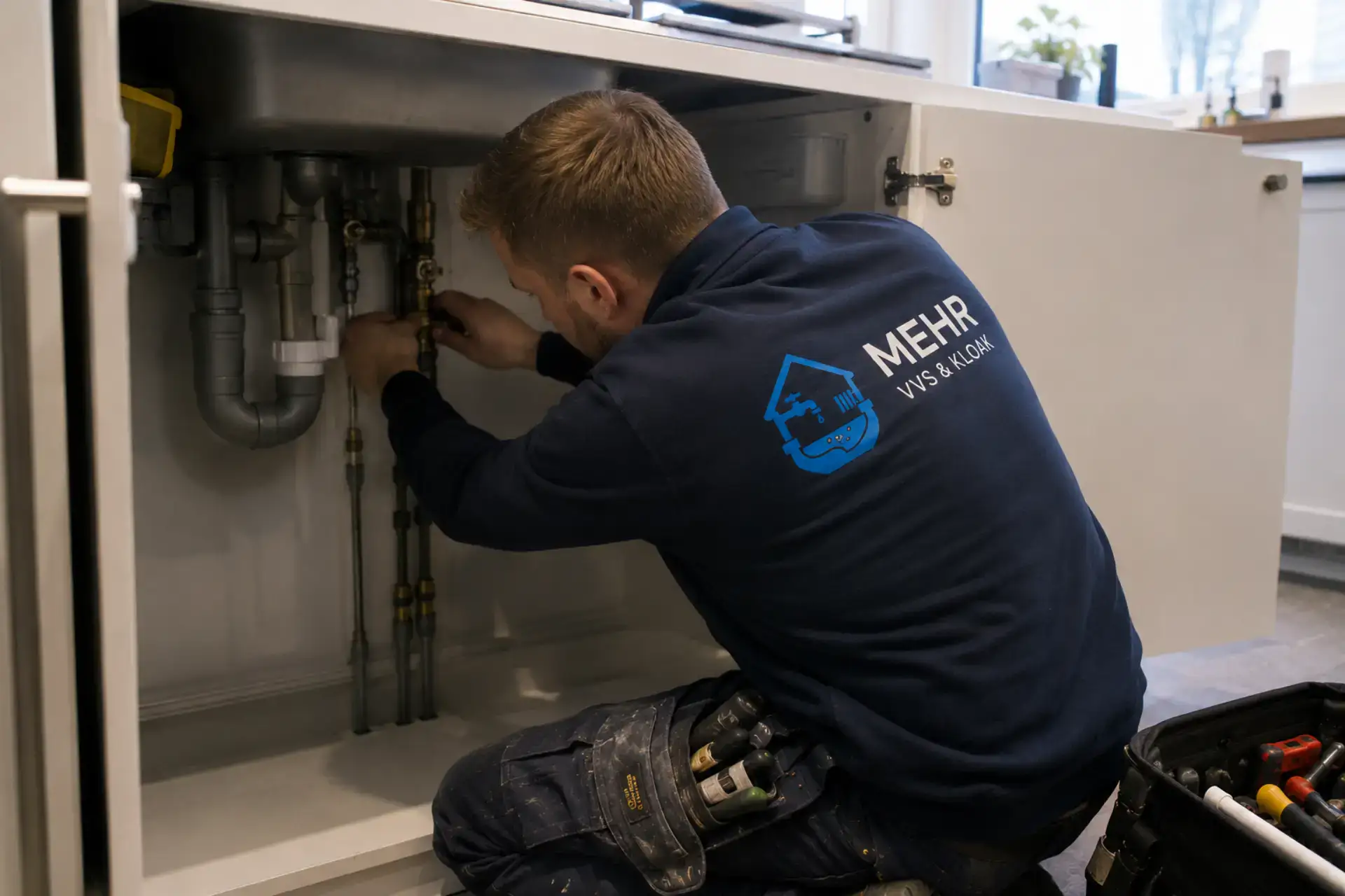 Mand arbejder på VVS-installation under køkkenvasken i professionelt VVS-firma.