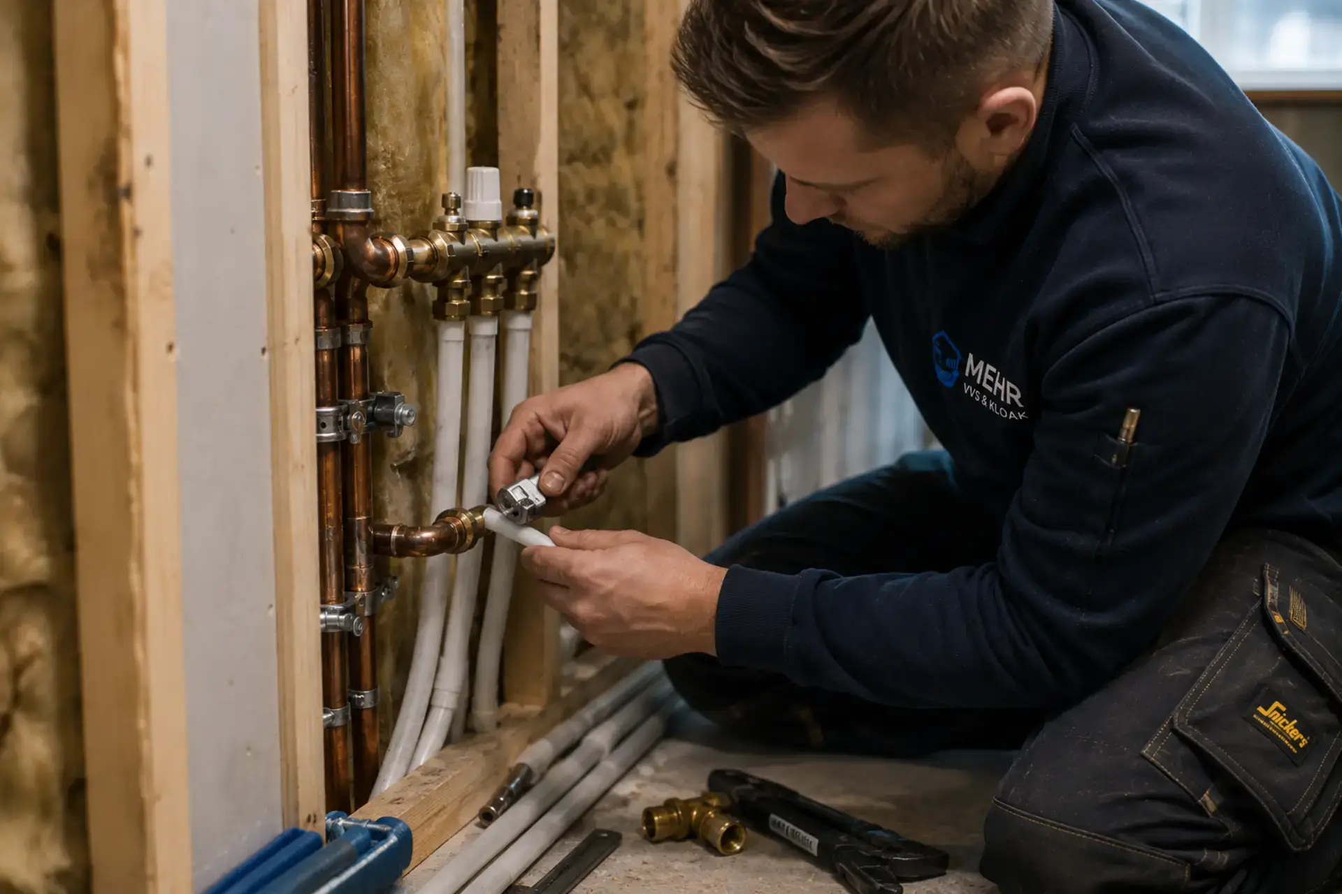 VVS-installatør arbejder på rørinstallation i væg.