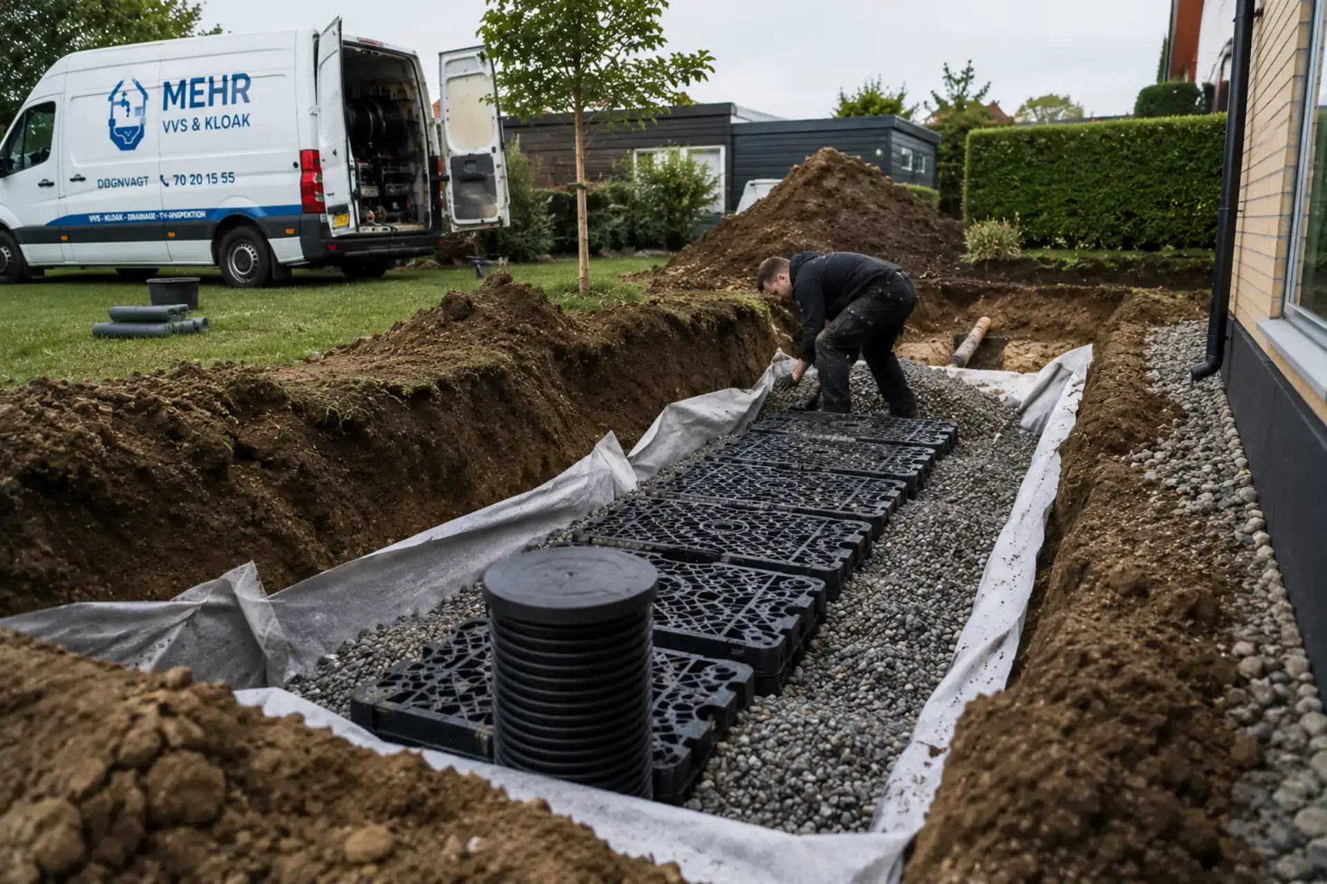 Professionelt VVS- og kloakarbejde med installation af dræn og kloaksystemer.